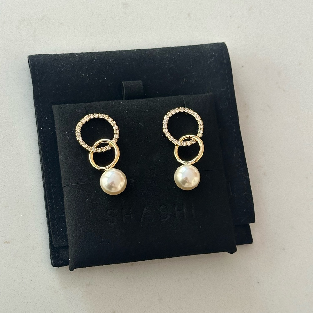 Shashi Gold Earrings with Crystals and Faux Pearl